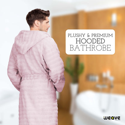 PREMIUM RIBBED TOWELING DRESSING GOWN: 100% COTTON-Striped & Ribbed Terry Toweling Hooded Bathrobe-Weave Essentials-Pastel Blue-S/M-Weave Essentials